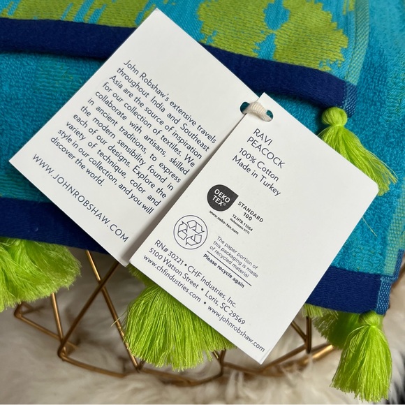 NWT John Robshaw Textiles Ravi Peacock towel throw beach cotton tassels - Picture 3 of 10